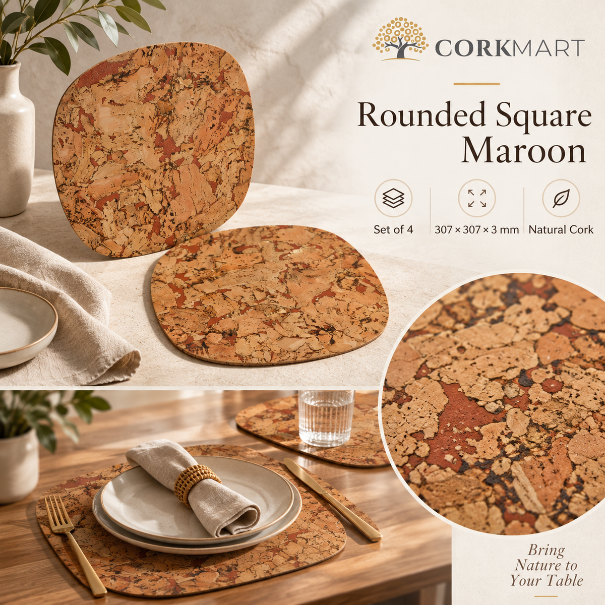 Rounded Square Maroon cork placemats — set of 4, 307 × 307 × 3 mm, material and lifestyle overview