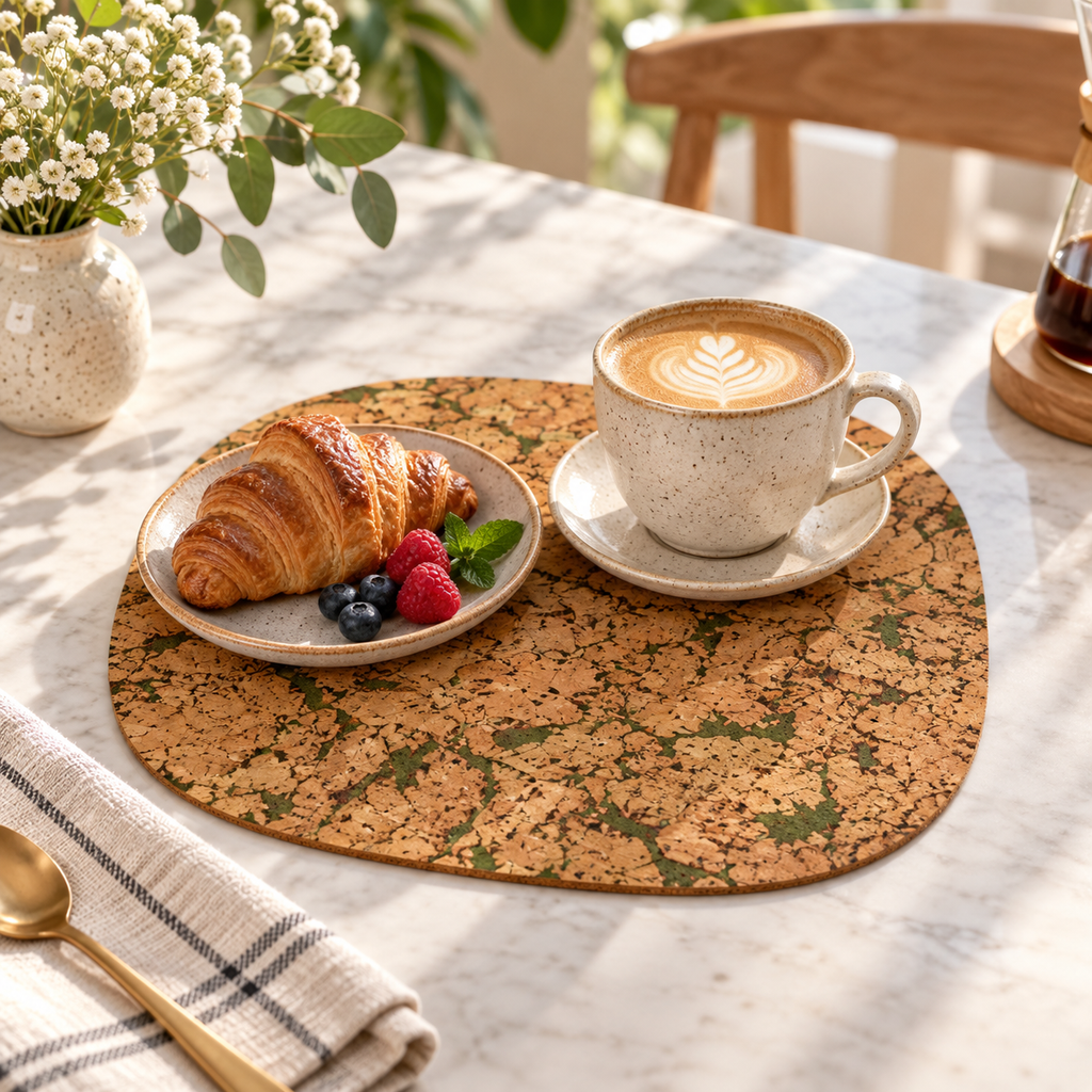 Rounded Square Moss cork placemat in a bright breakfast table setting