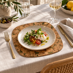 Rounded Square Moss cork placemat in a refined Mediterranean dining table setting