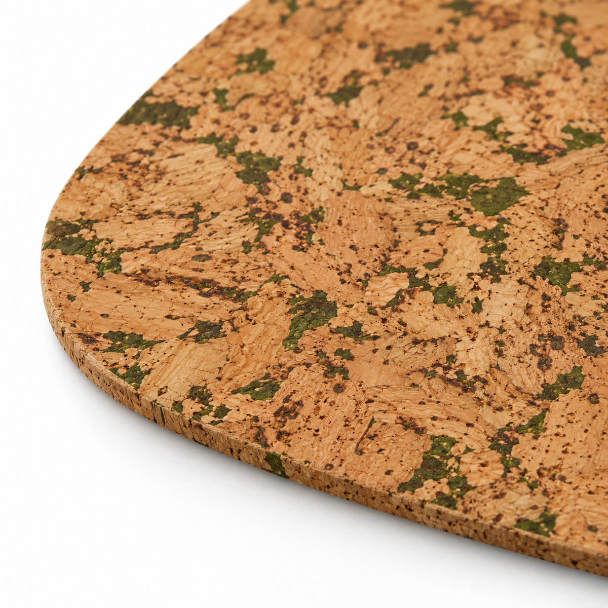 Macro close-up of Rounded Square Moss cork placemat surface and thin 3 mm edge