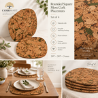 Rounded Square Moss cork placemats — set of 4, 307 × 307 × 3 mm, material and lifestyle overview