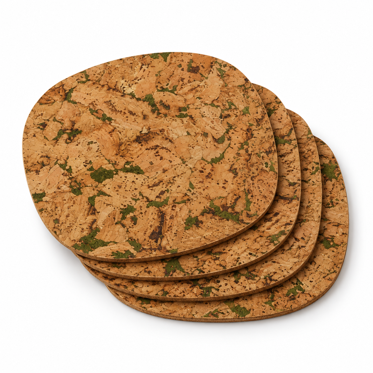 Stack of four Rounded Square Moss cork placemats showing rounded-square profile and thin edges