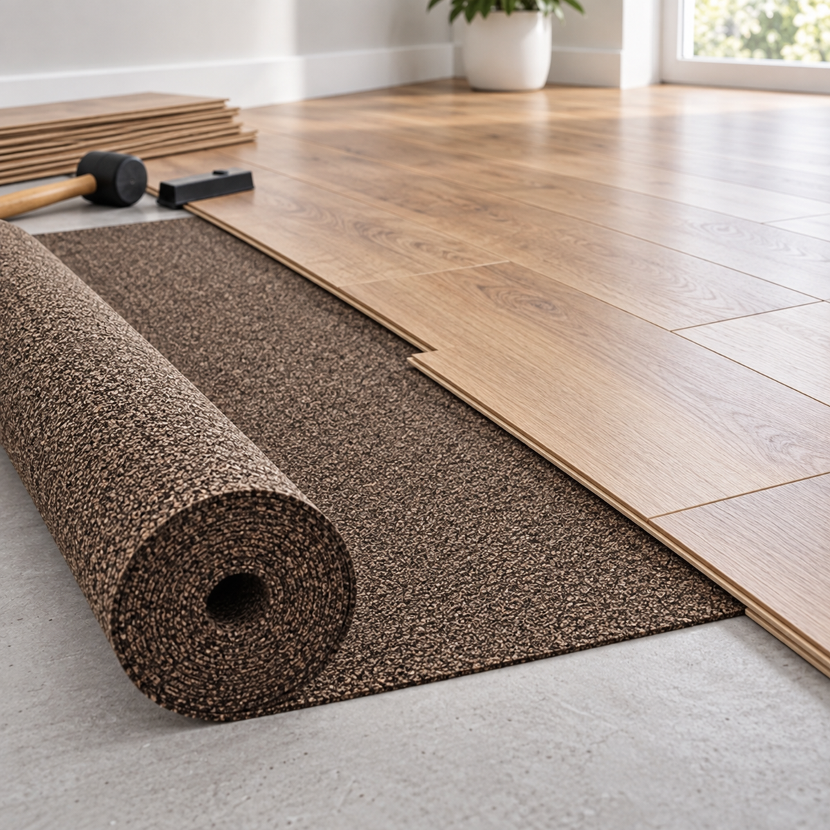 Rubber Cork Flooring Underlay installed beneath wood flooring