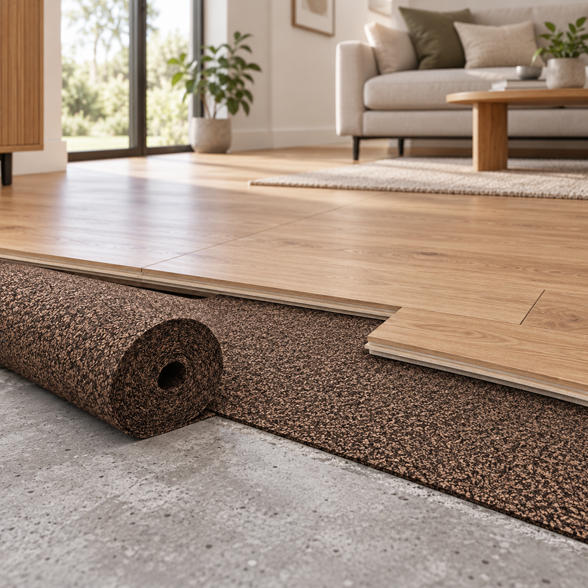 Rubber Cork Flooring Underlay shown beneath a finished floor