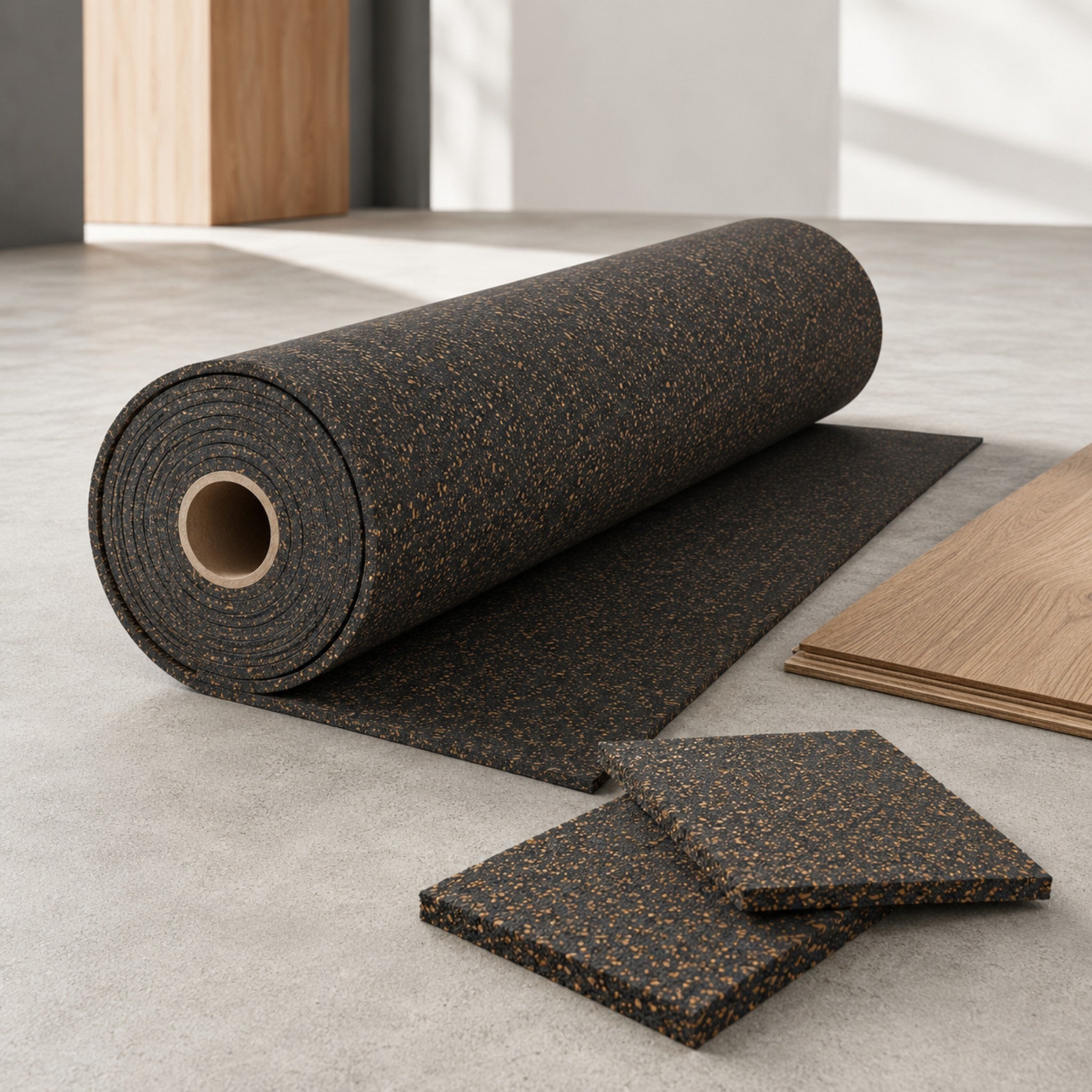 Rubber cork underlay roll with sample pieces for flooring projects