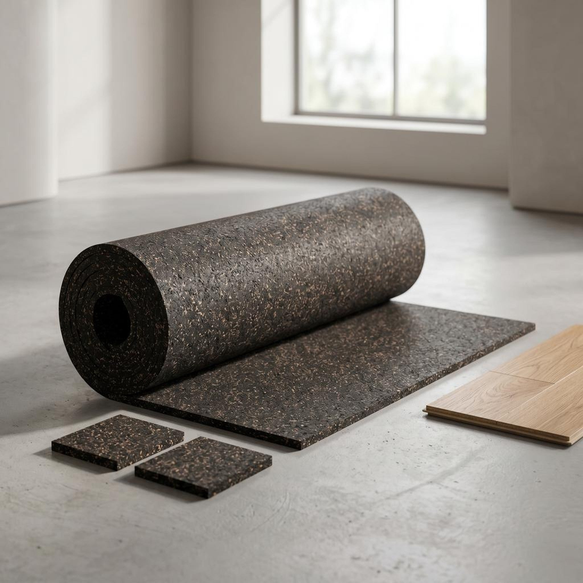 Dark rubber cork underlay roll partially unrolled on a clean floor