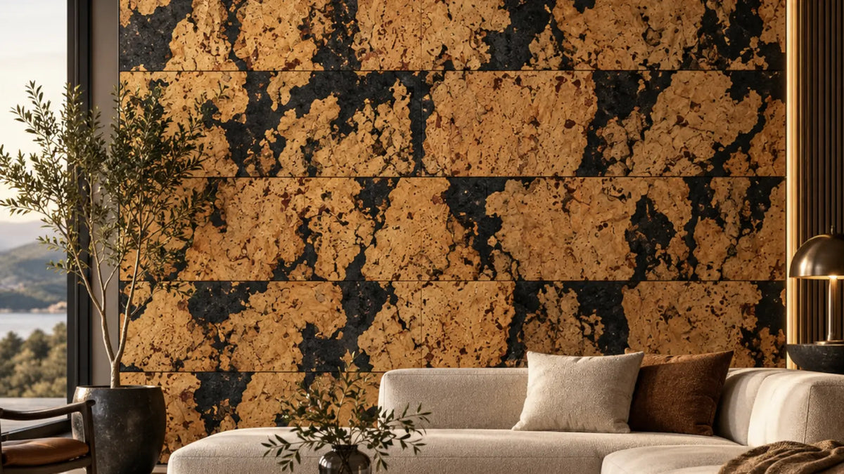 Rustic Black cork wall tile shown in a conceptual architectural interior visualization