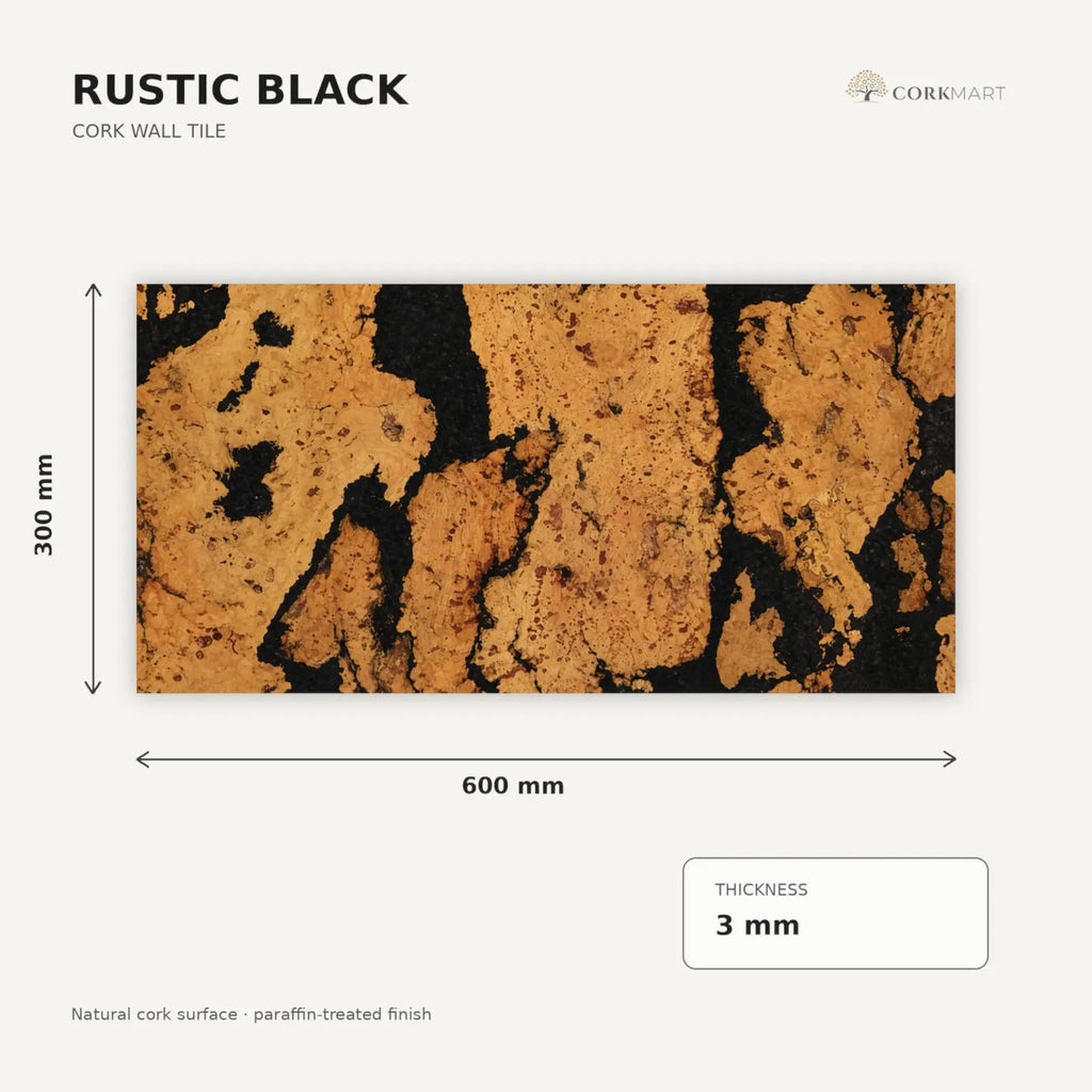 Rustic Black cork wall tile dimensions for the 600 × 300 × 3 mm format; 300 × 300 mm format also available