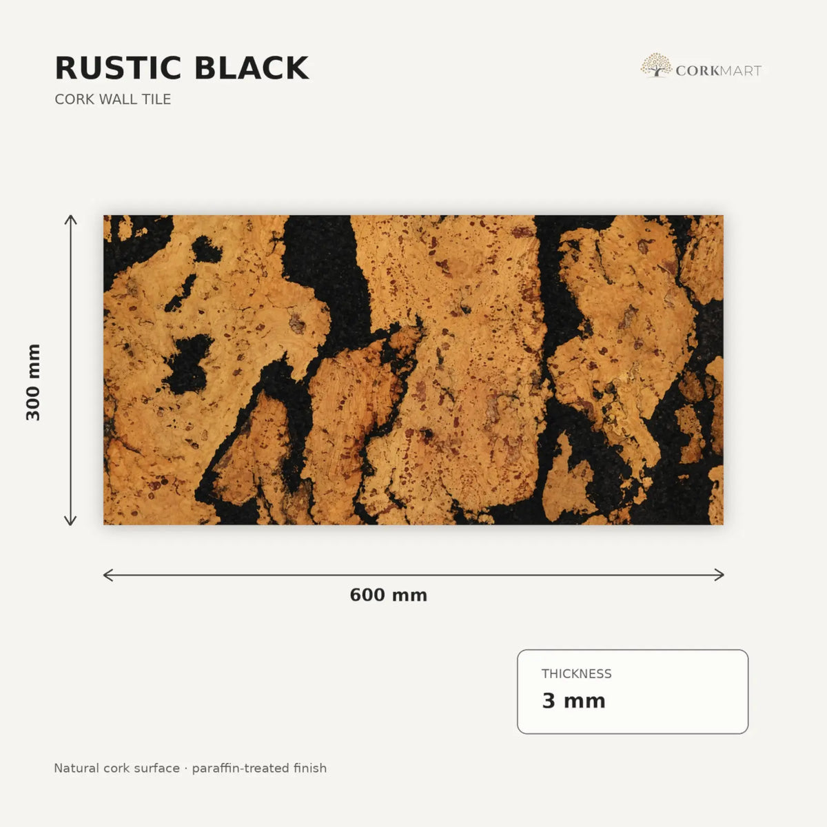 Rustic Black cork wall tile dimensions for the 600 × 300 × 3 mm format; 300 × 300 mm format also available