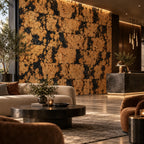 Rustic Black cork wall tile shown in a conceptual hospitality reception visualization