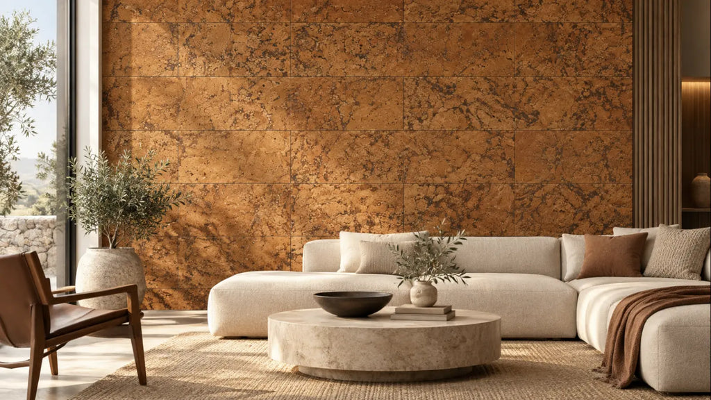 Rustic Brown cork wall tile shown in a conceptual architectural interior visualization