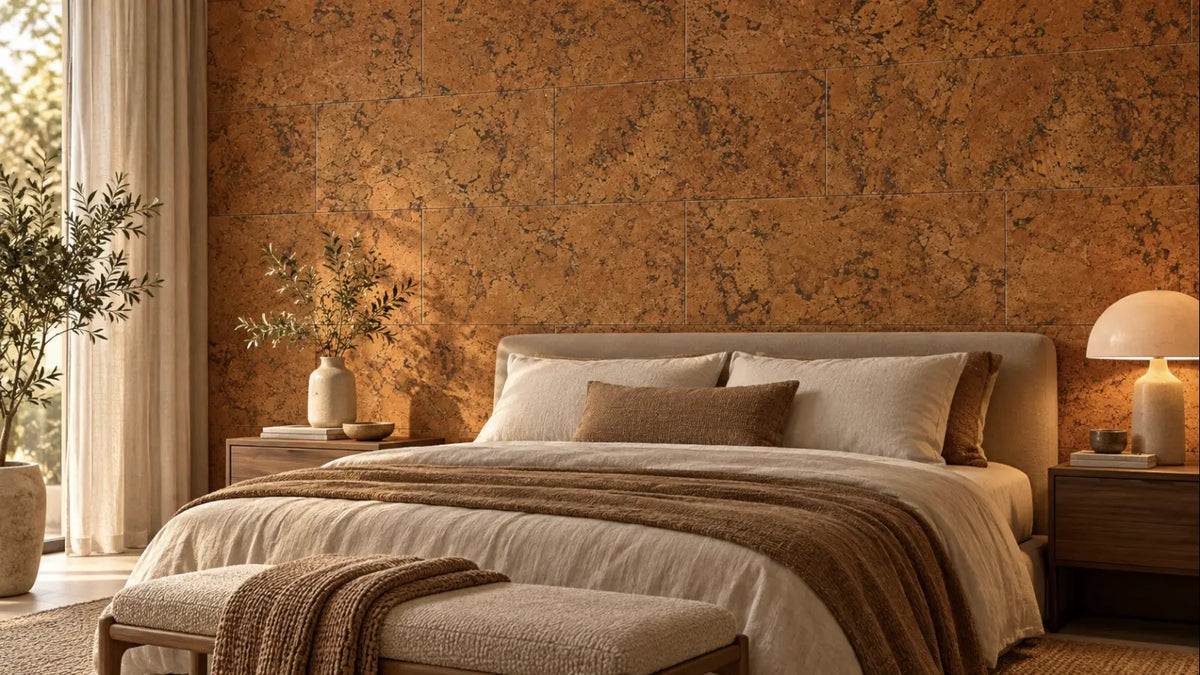 Rustic Brown cork wall tile shown in a conceptual residential bedroom visualization