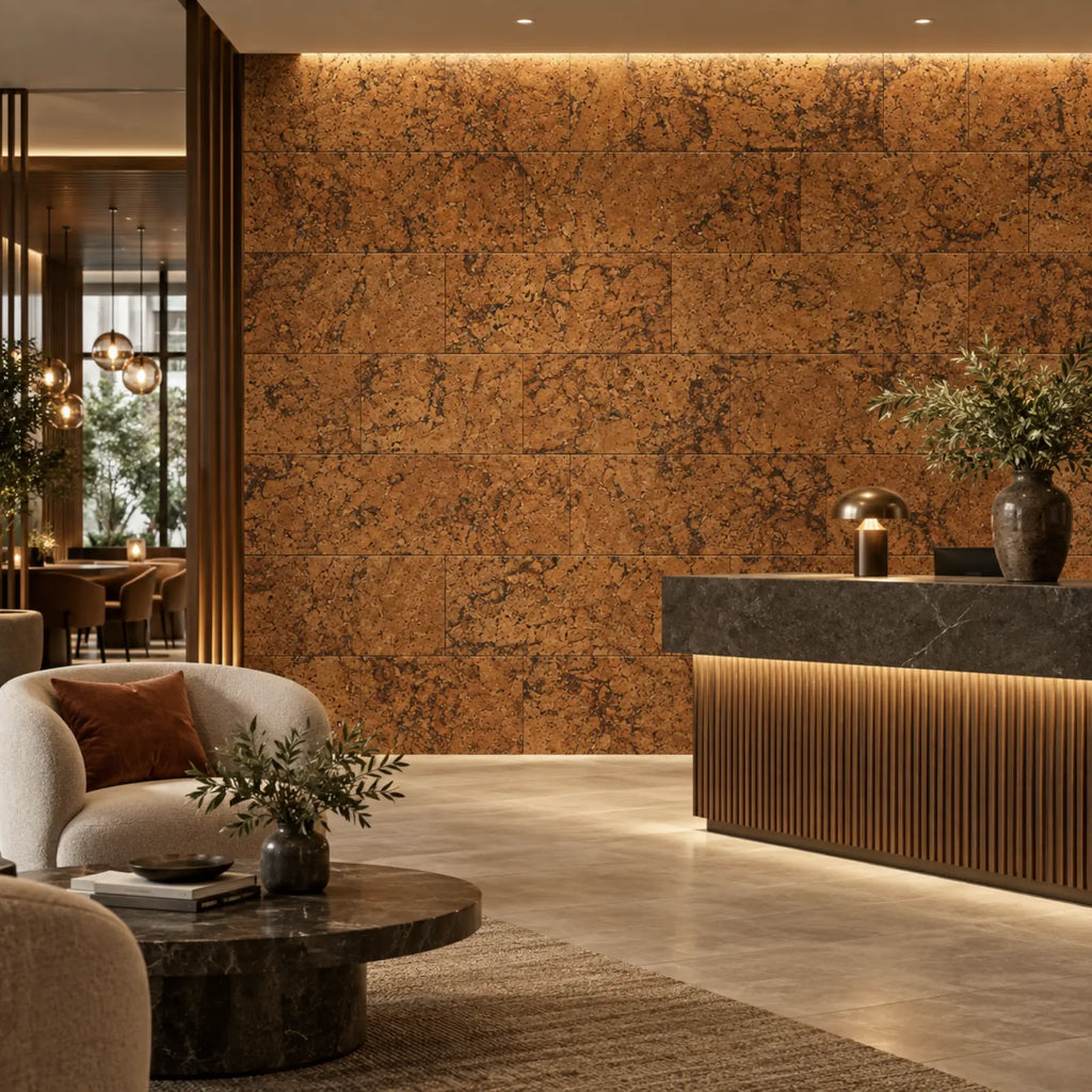 Rustic Brown cork wall tile shown in a conceptual hospitality reception visualization