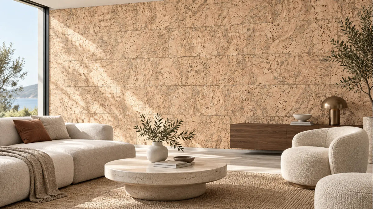 Rustic Cream cork wall tile shown in a conceptual architectural interior visualization