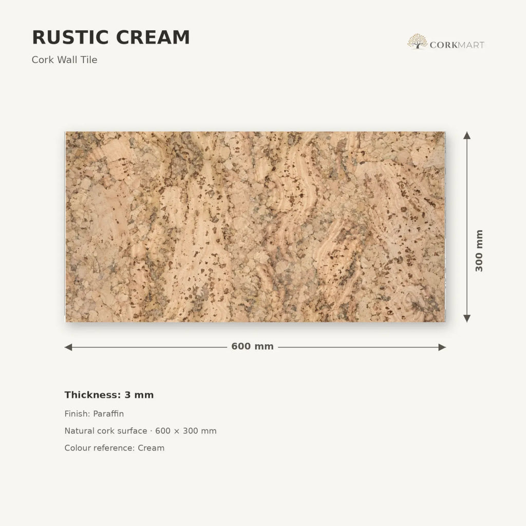 Rustic Cream cork wall tile dimensions for the 600 × 300 × 3 mm format; 300 × 300 mm format also available