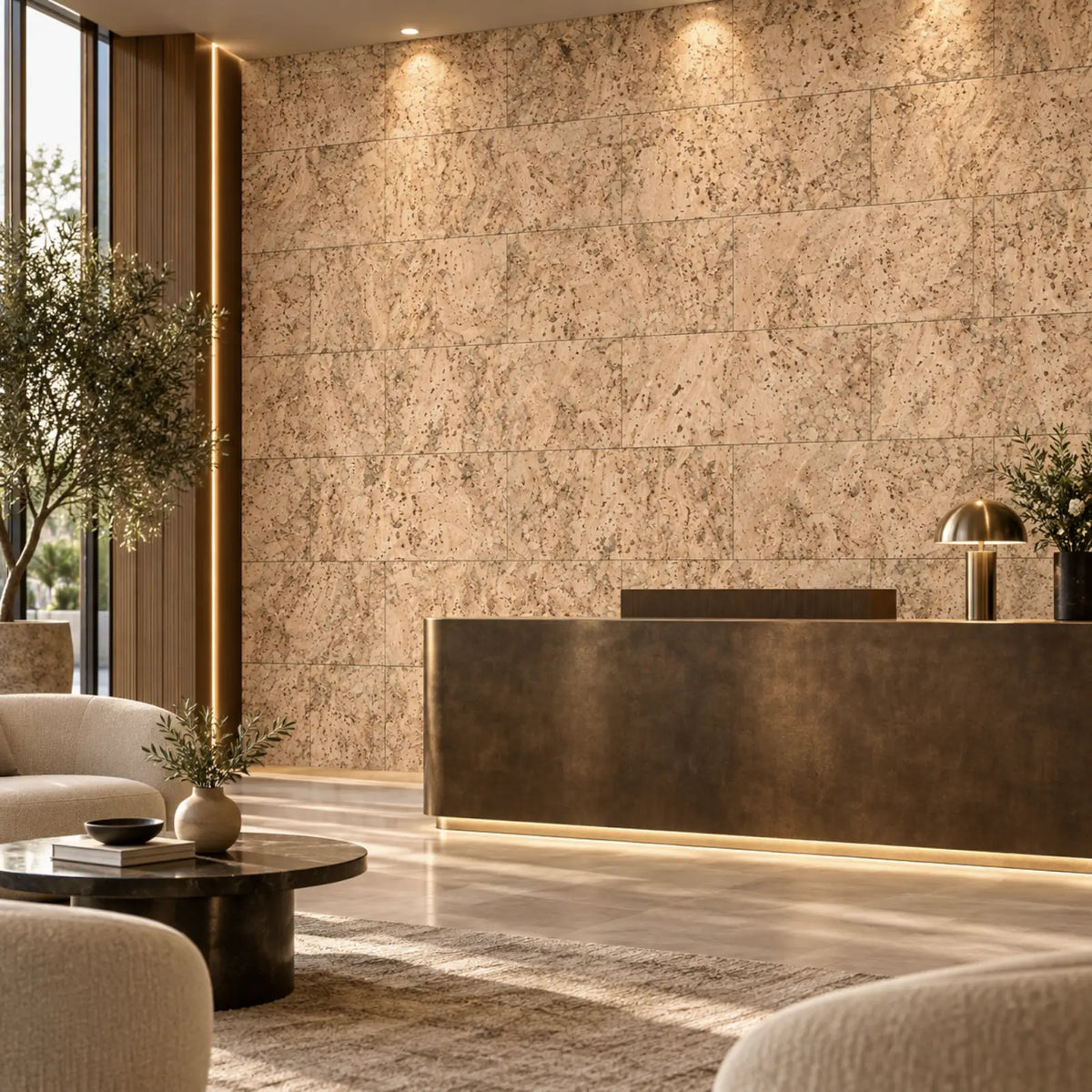 Rustic Cream cork wall tile shown in a conceptual hospitality reception visualization