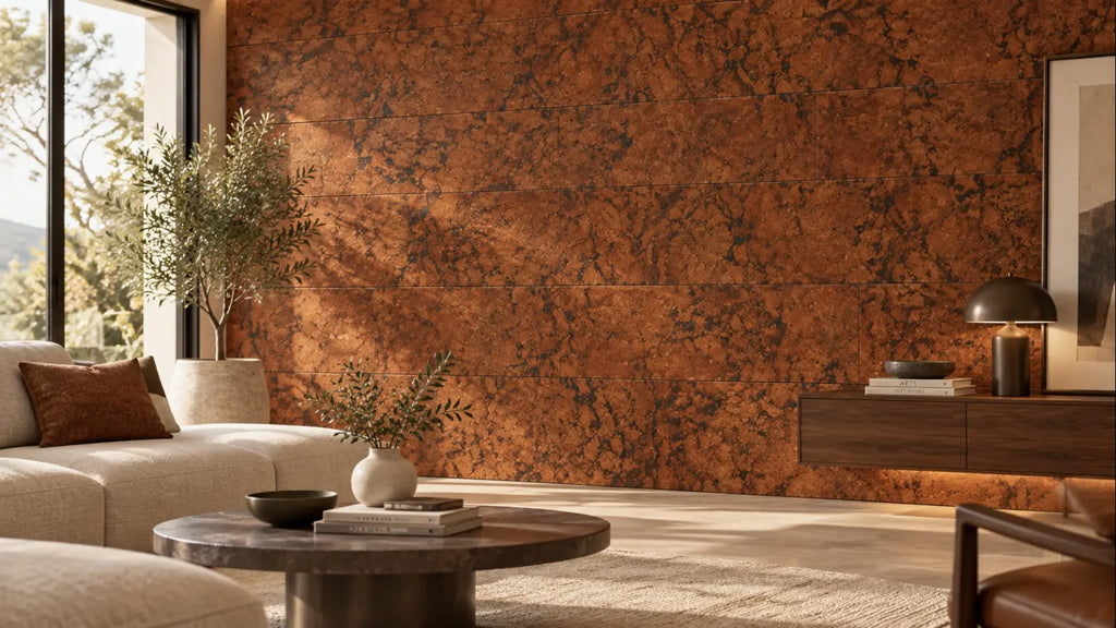 Rustic Leather cork wall tile shown in a conceptual architectural interior visualization