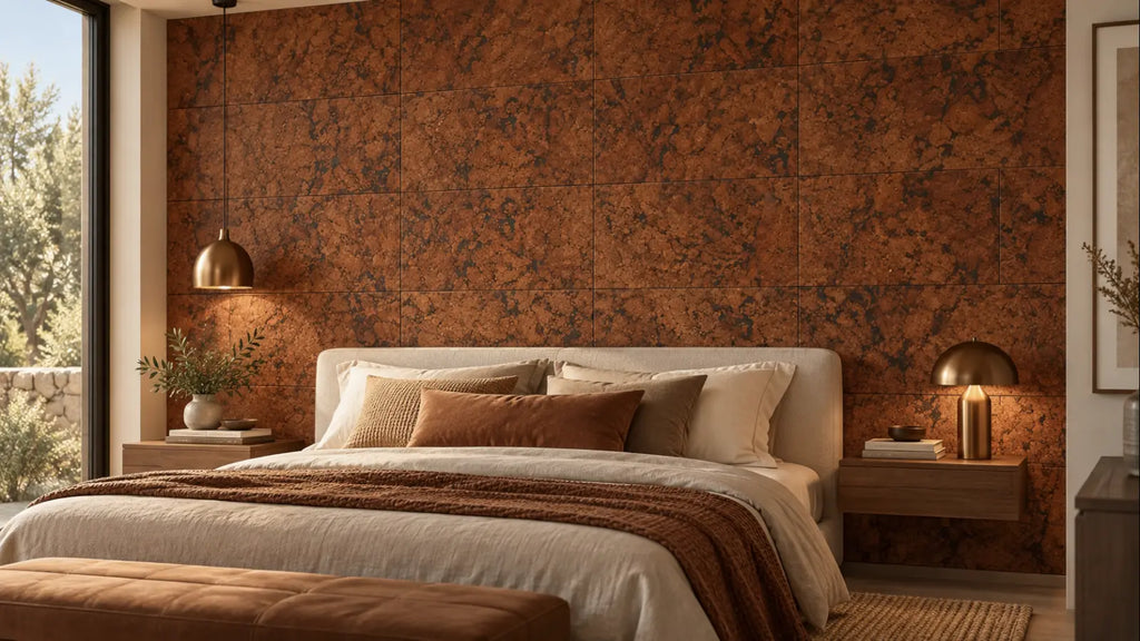 Rustic Leather cork wall tile shown in a conceptual residential bedroom visualization