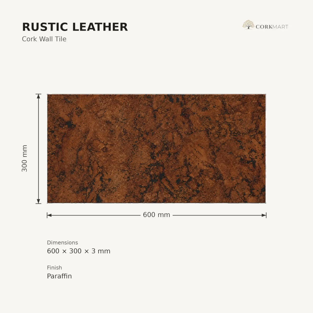 Rustic Leather cork wall tile dimensions for the 600 × 300 × 3 mm format; 300 × 300 mm format also available
