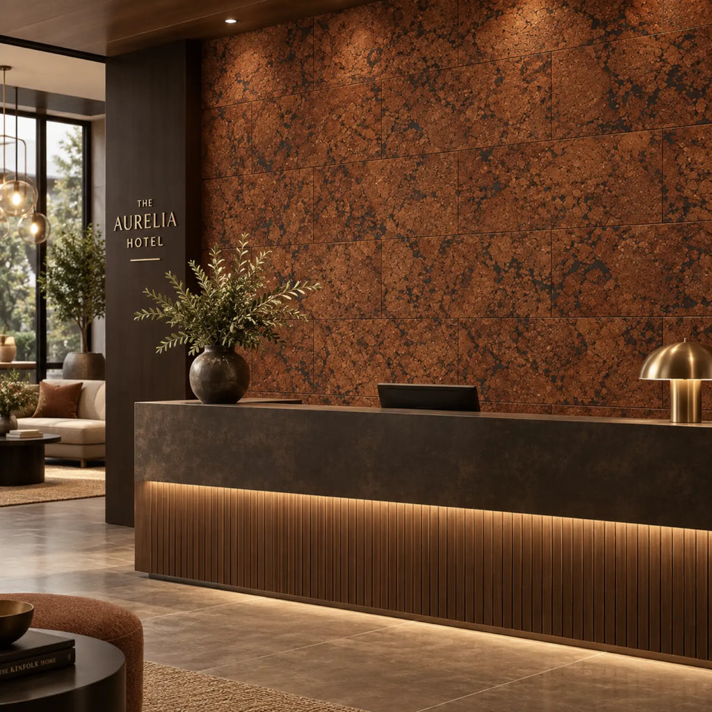 Rustic Leather cork wall tile shown in a conceptual hospitality reception visualization