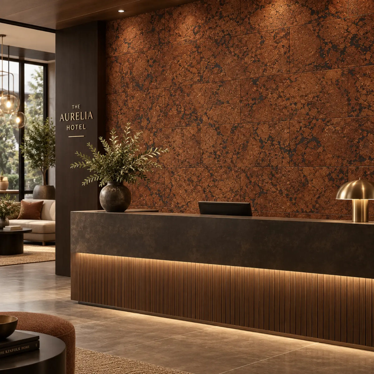 Rustic Leather cork wall tile shown in a conceptual hospitality reception visualization