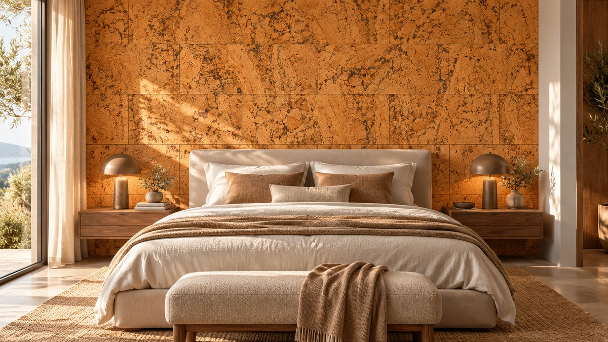 Rustic Natural cork wall tile shown in a conceptual residential bedroom visualization