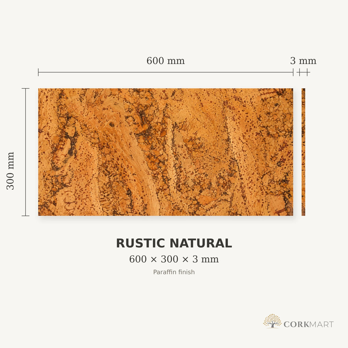 Rustic Natural cork wall tile dimensions for the 600 × 300 × 3 mm format; 300 × 300 mm format also available