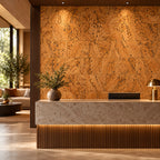 Rustic Natural cork wall tile shown in a conceptual hospitality reception visualization