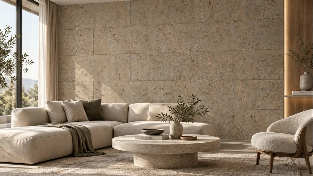 Rustic Taupe cork wall tile shown in a conceptual architectural interior visualization