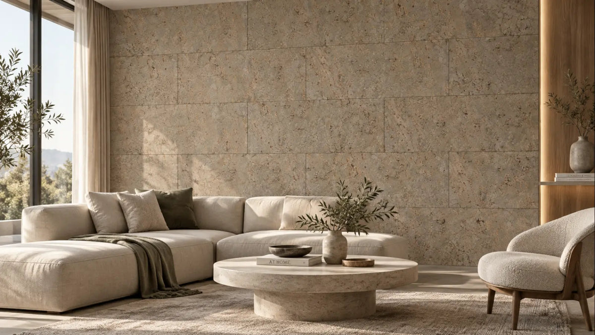 Rustic Taupe cork wall tile shown in a conceptual architectural interior visualization