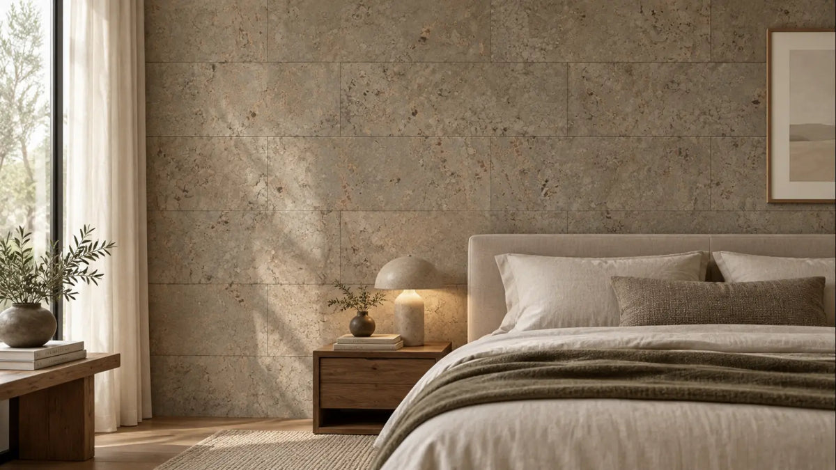 Rustic Taupe cork wall tile shown in a conceptual residential bedroom visualization