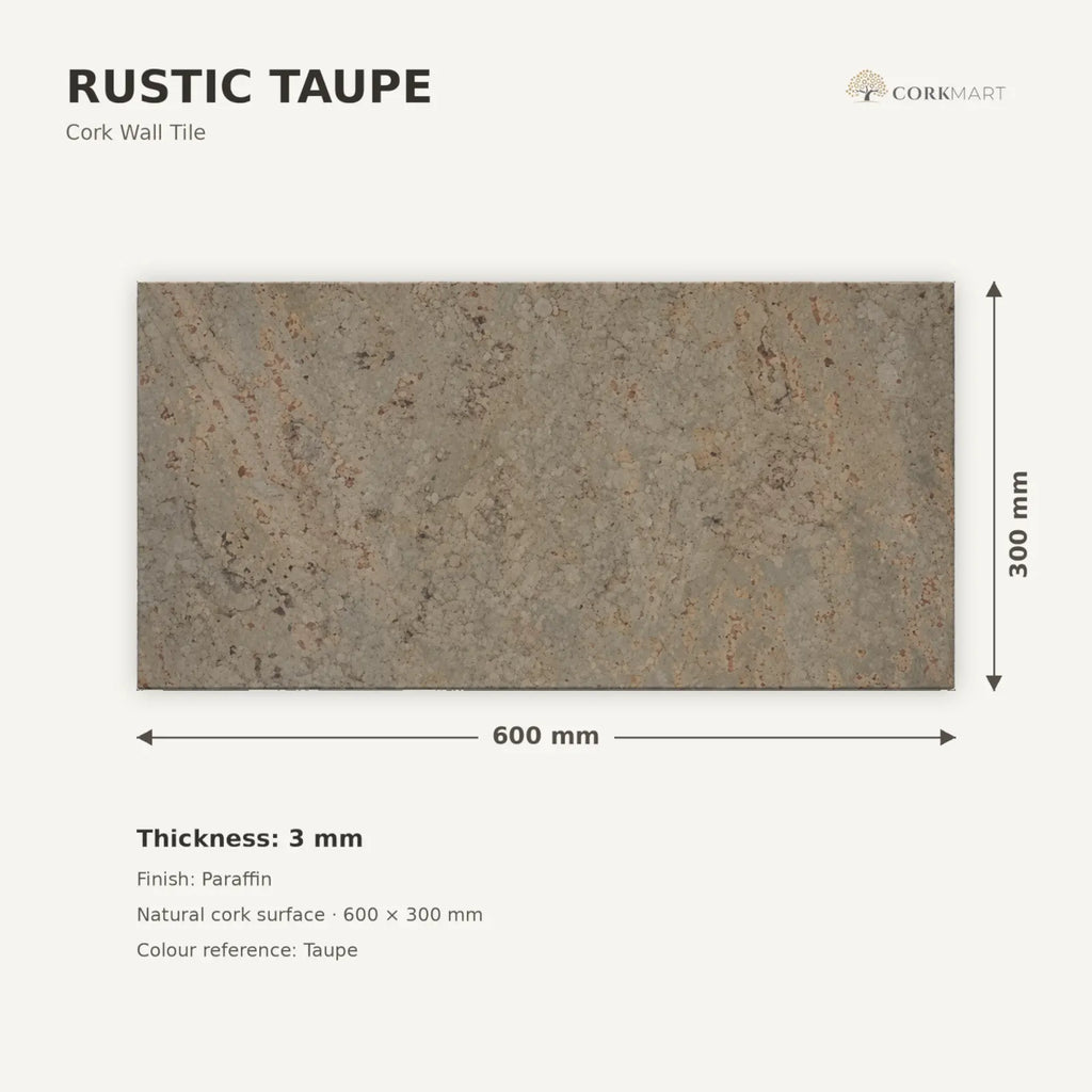 Rustic Taupe cork wall tile dimensions for the 600 × 300 × 3 mm format; 300 × 300 mm format also available