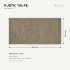 Rustic Taupe cork wall tile dimensions for the 600 × 300 × 3 mm format; 300 × 300 mm format also available