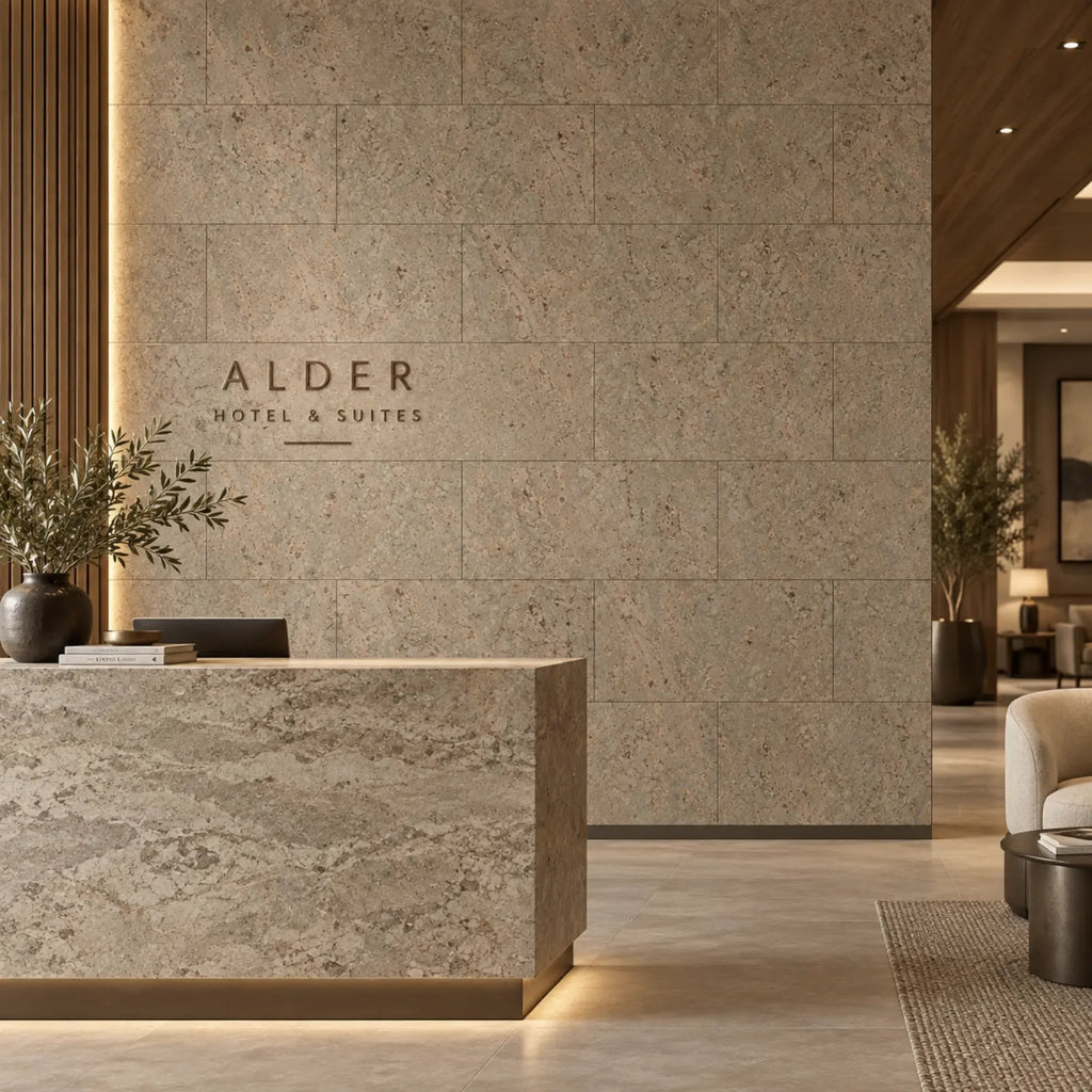 Rustic Taupe cork wall tile shown in a conceptual hospitality reception visualization