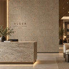 Rustic Taupe cork wall tile shown in a conceptual hospitality reception visualization