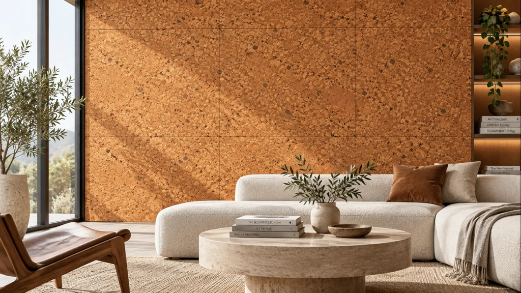 Salami cork wall tile shown in a conceptual architectural interior visualization