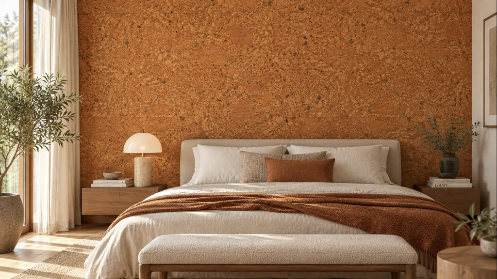 Salami cork wall tile shown in a conceptual residential bedroom visualization