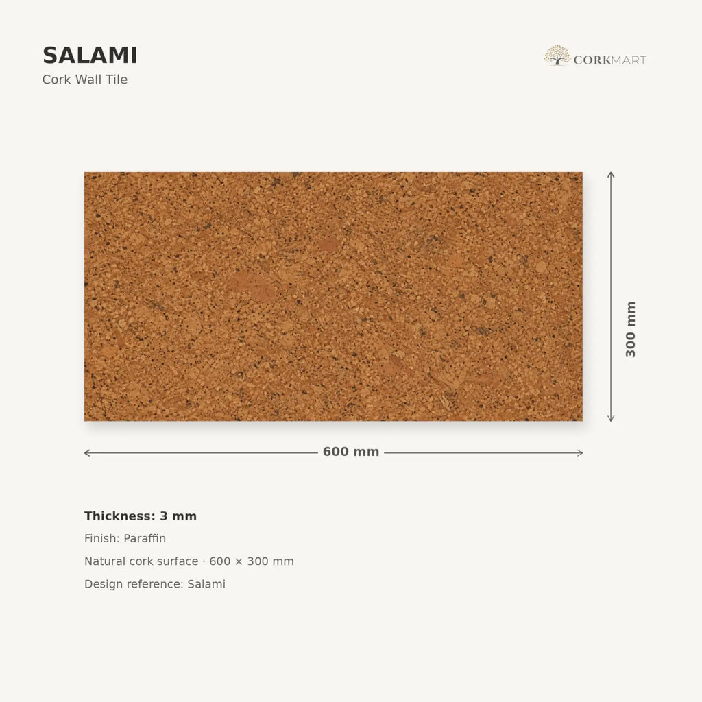Salami cork wall tile dimensions for the 600 × 300 × 3 mm format; 300 × 300 mm format also available