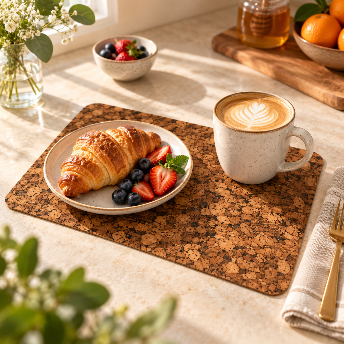 Samba cork placemat in a warm breakfast table setting