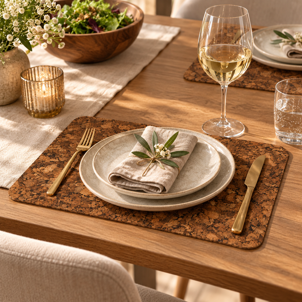 Samba cork placemat in a refined warm dining table setting