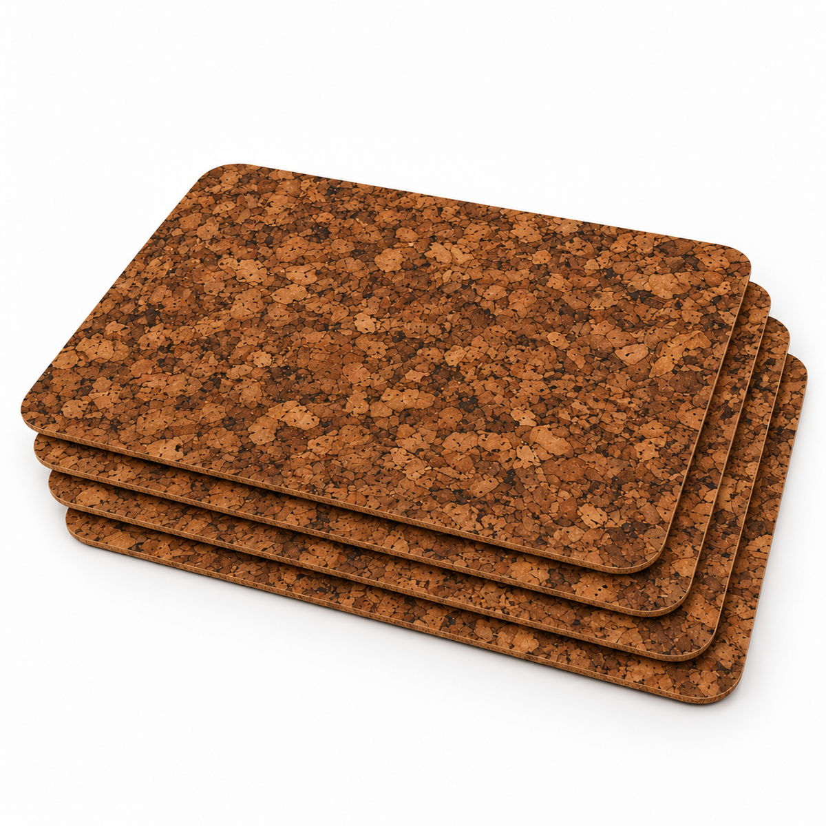 Stack of four Samba cork placemats showing thin profile and rounded corners