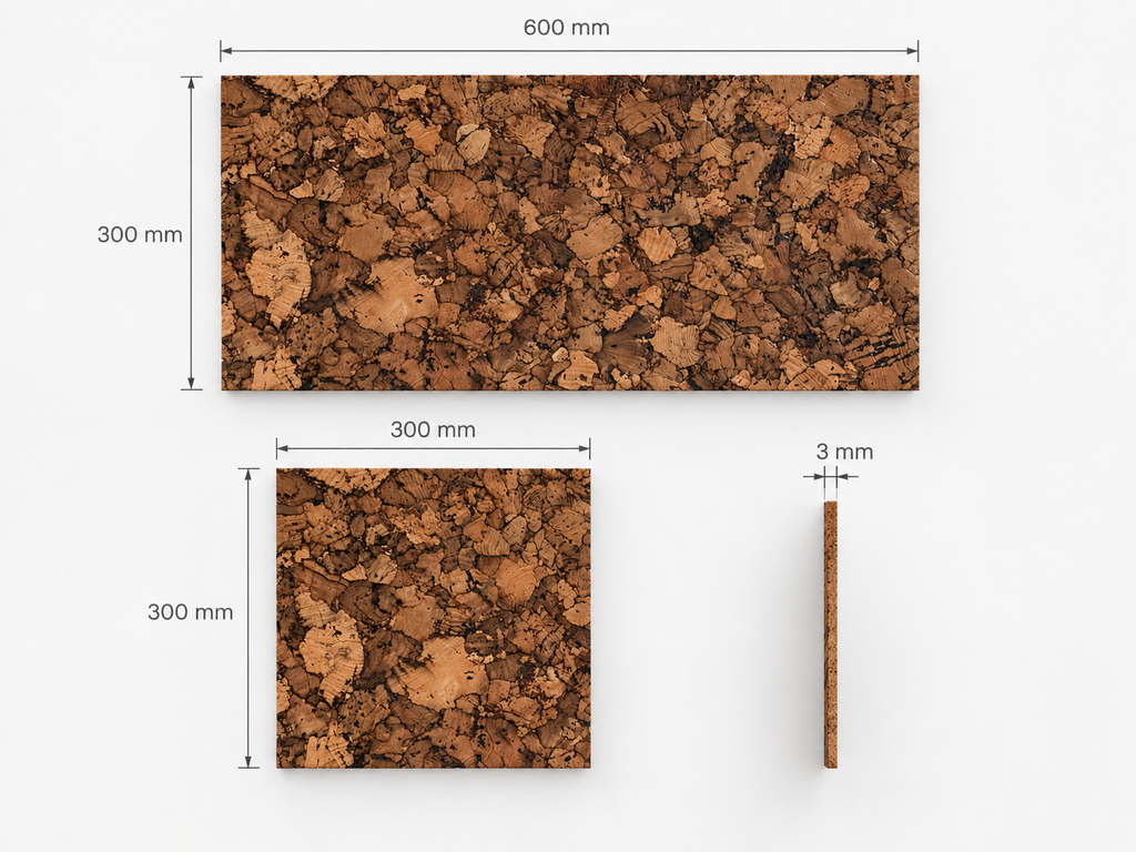 Samba cork wall tile technical dimensions, 600 × 300 mm and 300 × 300 mm, 3 mm thick