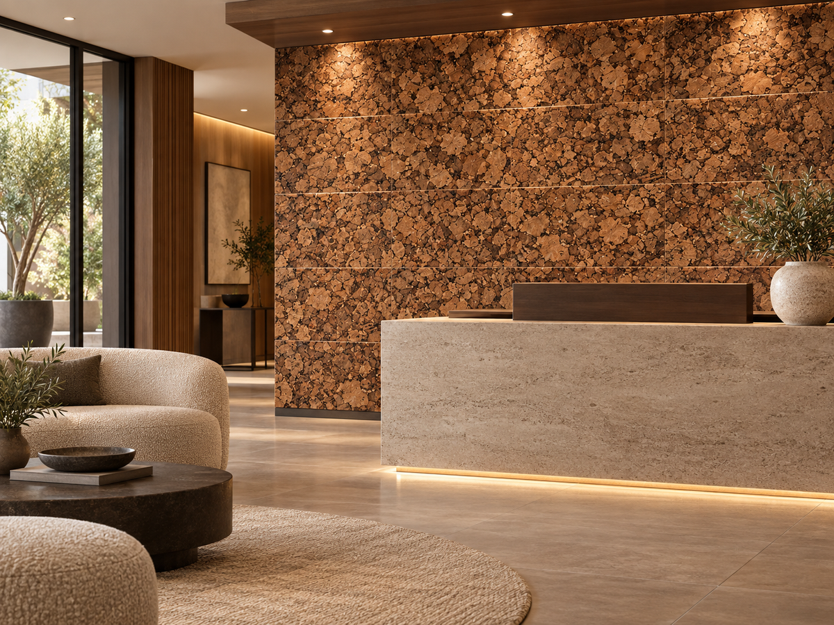 Samba cork wall tile in a refined hospitality reception interior
