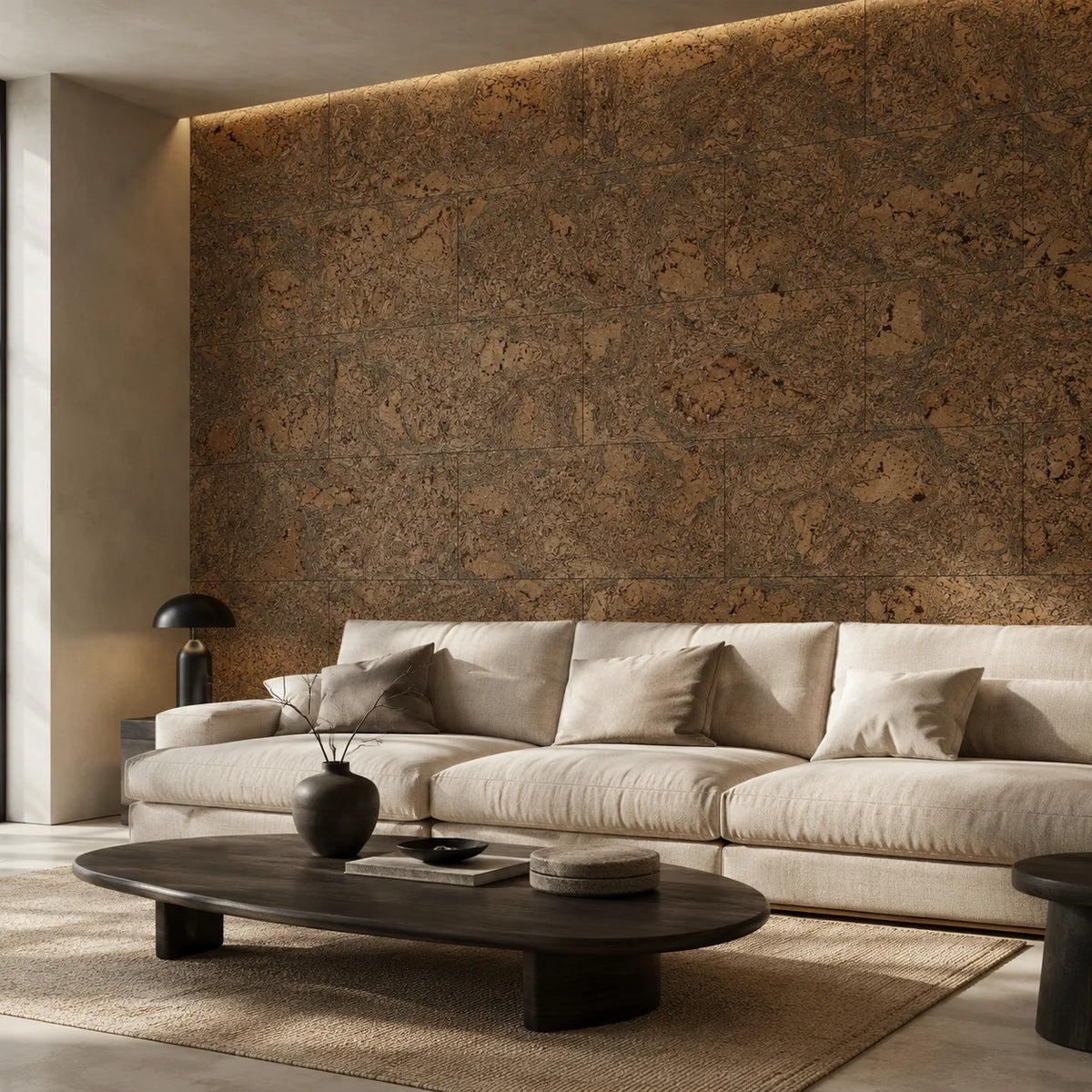 Saphira Black cork wall tile shown in a conceptual architectural interior visualization