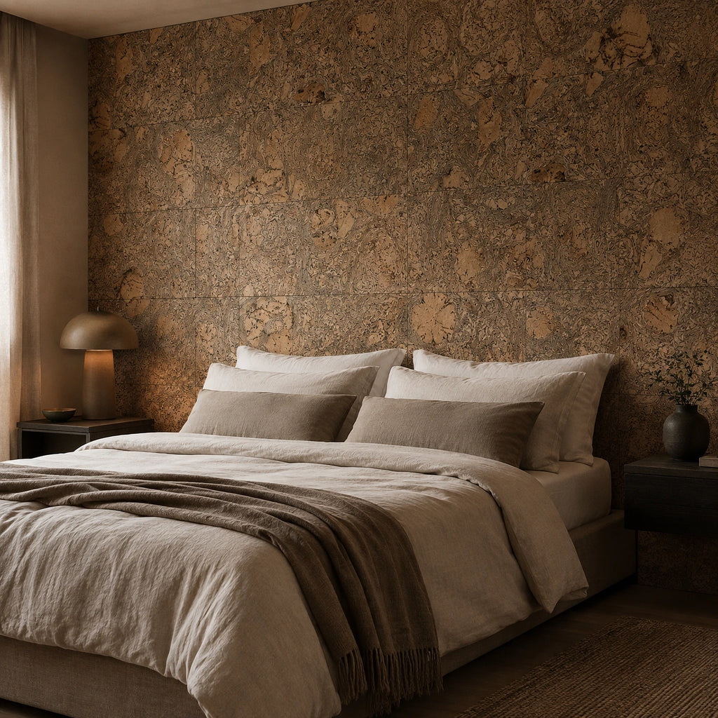 Saphira Black cork wall tile shown in a conceptual residential bedroom visualization