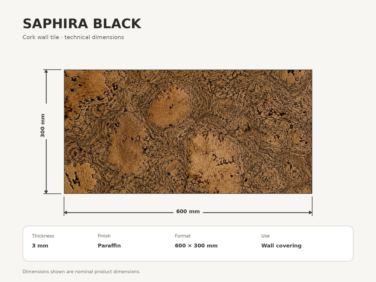 Saphira Black cork wall tile dimensions for the 600 × 300 × 3 mm format; 300 × 300 mm format also available