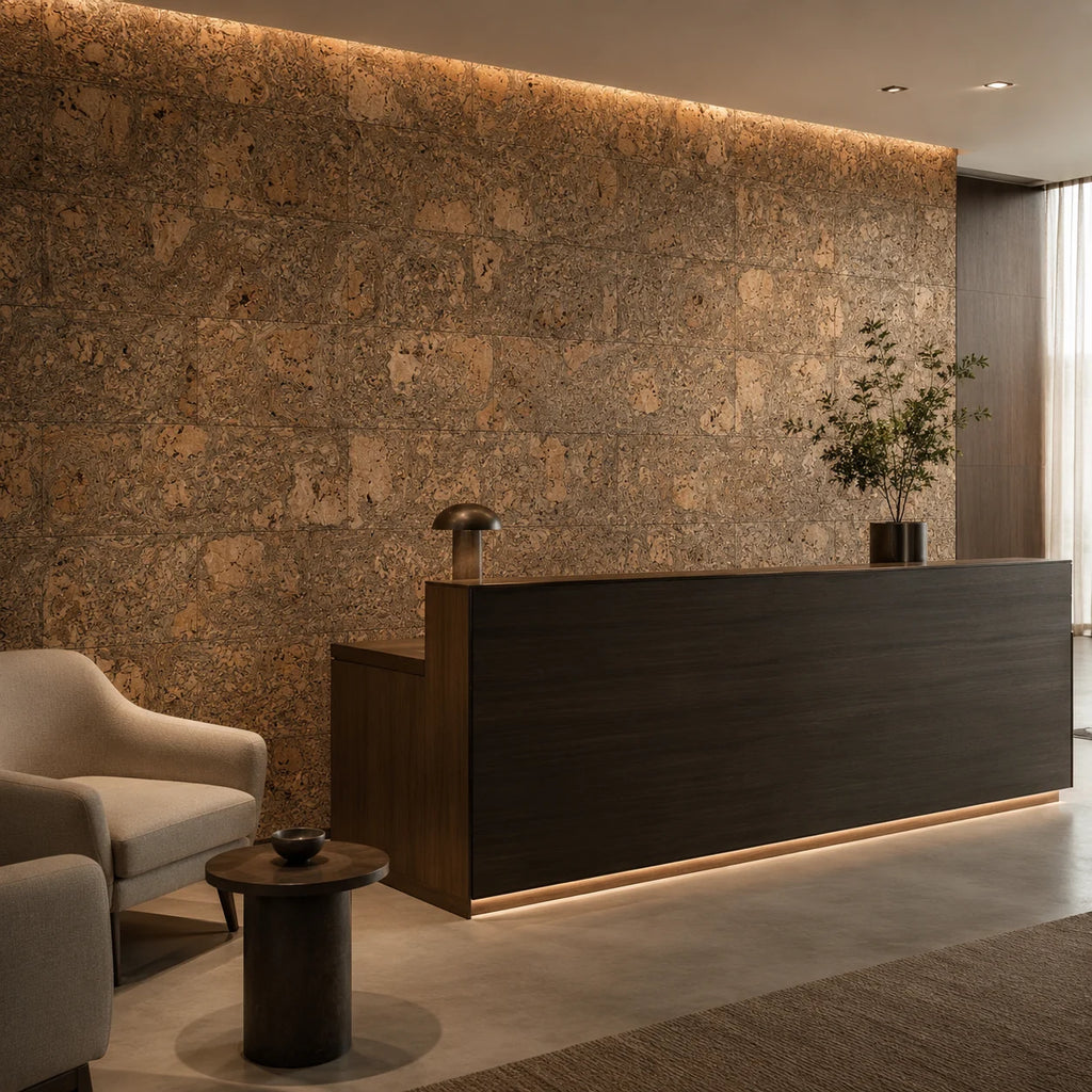 Saphira Black cork wall tile shown in a conceptual hospitality reception visualization