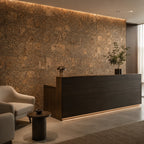 Saphira Black cork wall tile shown in a conceptual hospitality reception visualization