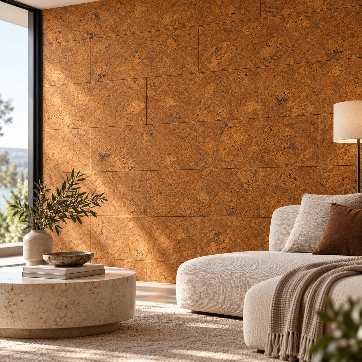 Saphira Brown cork wall tile shown in a conceptual architectural interior visualization