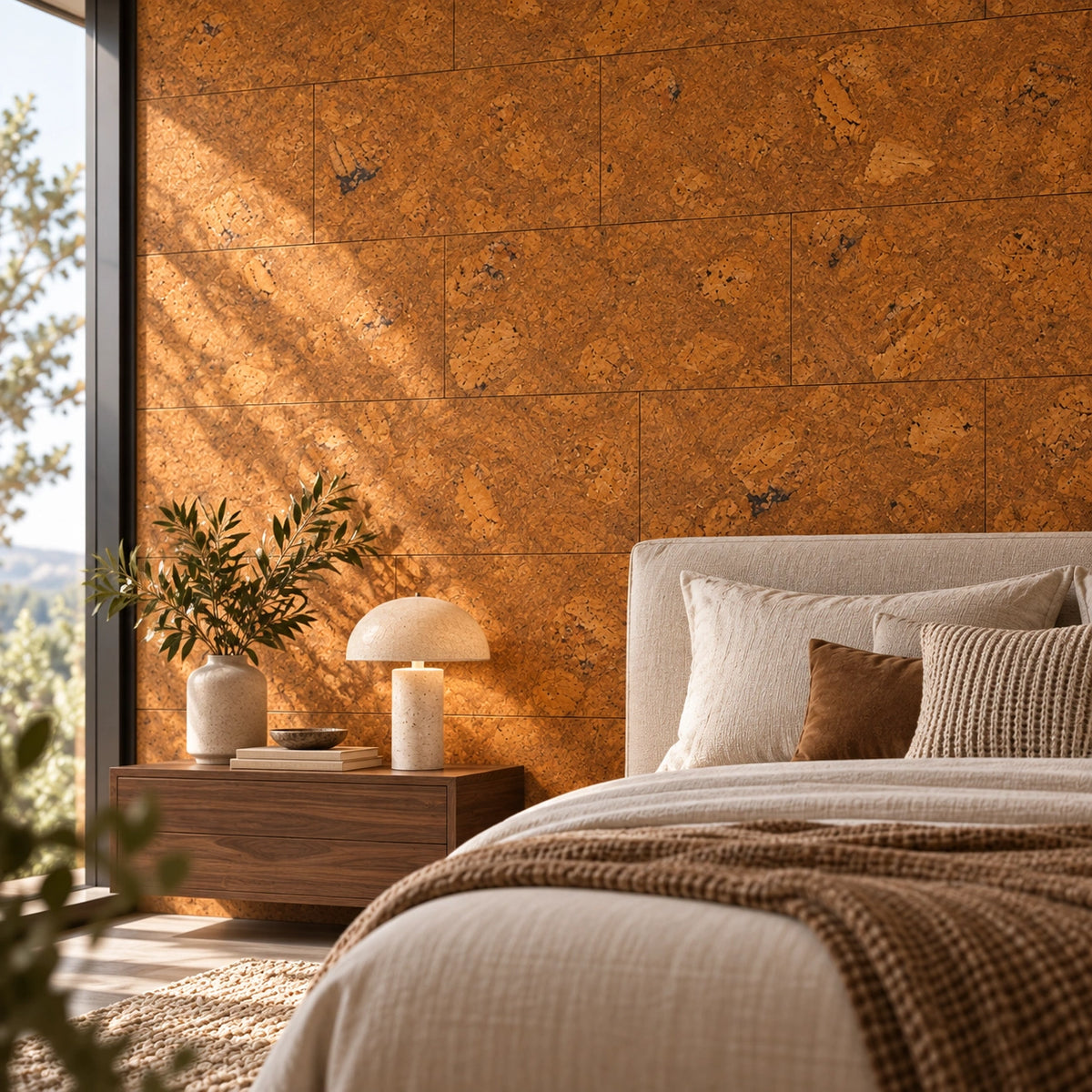 Saphira Brown cork wall tile shown in a conceptual residential bedroom visualization